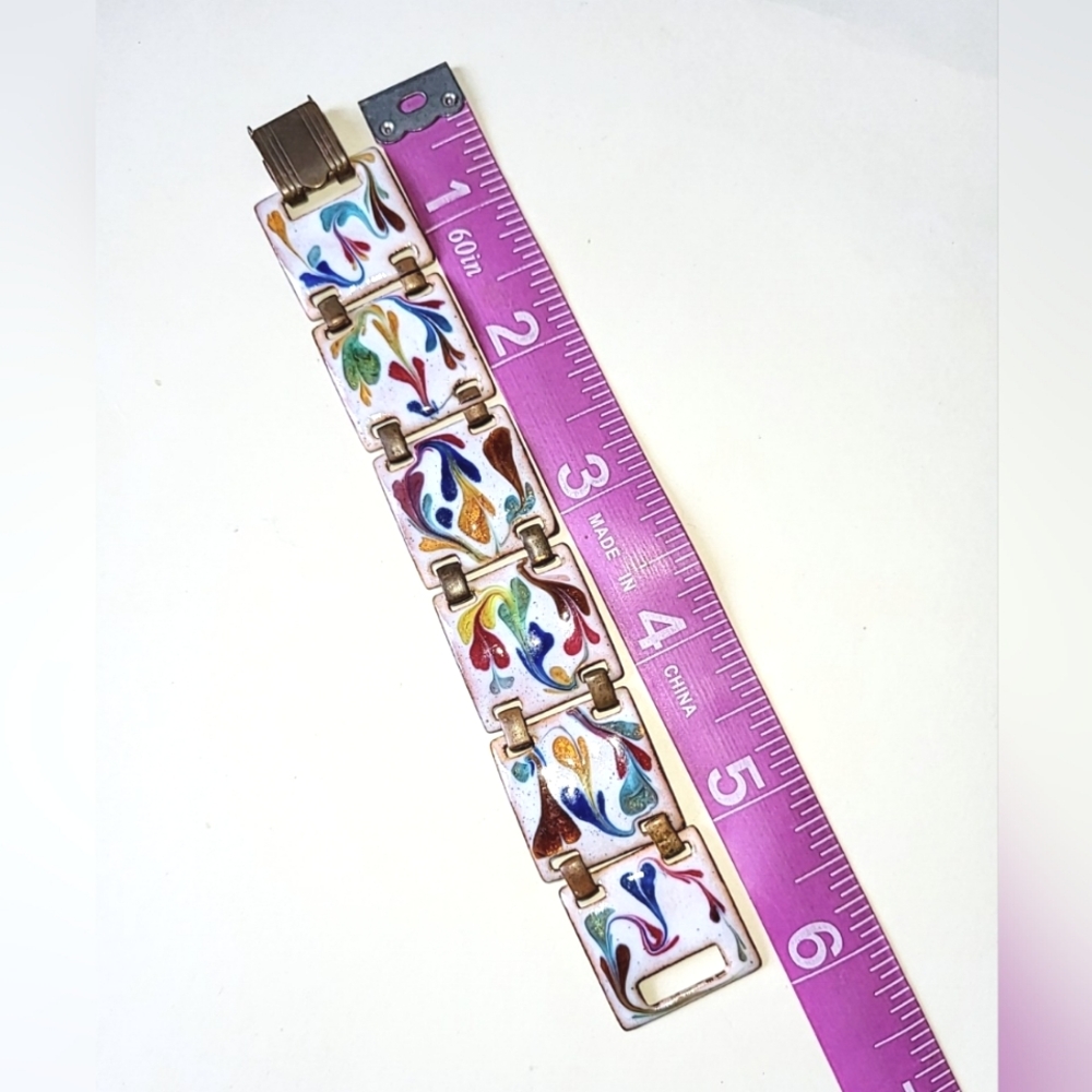 ENAMELED COPPER LINK BRACELET - VINTAGE but VERY SHORT 5 3/4" LENGTH - Picture 6 of 7